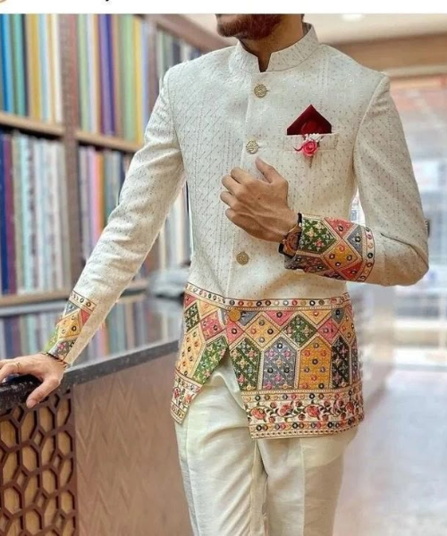 Ivory Bandhgala with Multicolor jaipuri Work