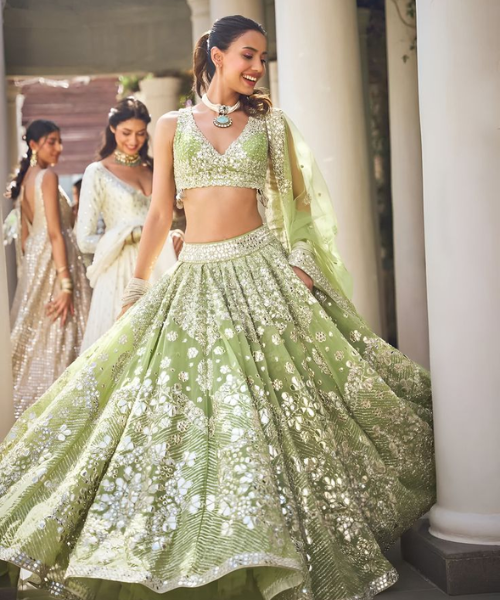 Lime Green Mirror-Embellished Lehenga