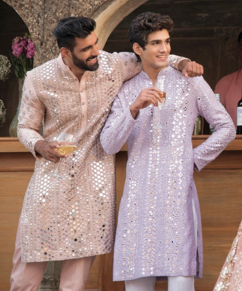 Mirror Work Kurta for Grooms in Pastel Hues