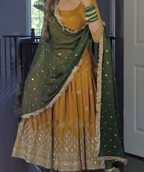 Mustard Anarkali with Green Dupatta and Mirror Work
