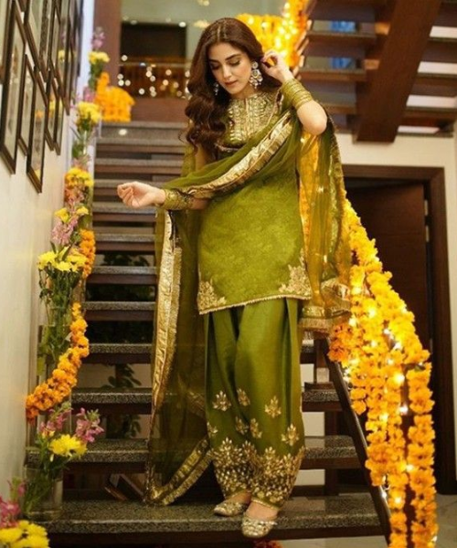 Olive Green Patiala Suit with Golden Embroidery
