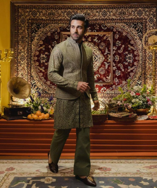 Olive Green Sherwani with Zari Work