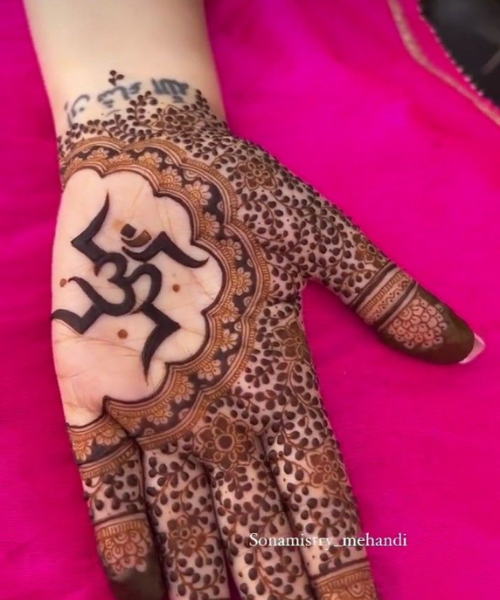 Om Motif Mehndi with Intricate Floral and Jaali Design