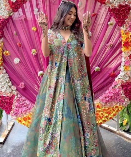 Pastel Green Cape Lehenga with Vibrant Floral Embroidery