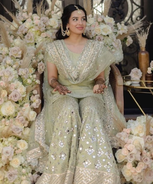 Pink and Green Sharara with Mirror Work Details