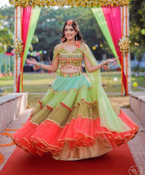 Pastel and Neon Layered Lehenga with Mirror Work