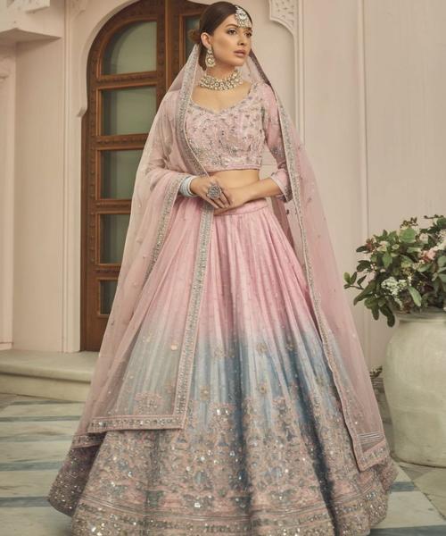 Pink and Blue Ombre Embroidered Wedding Lehenga