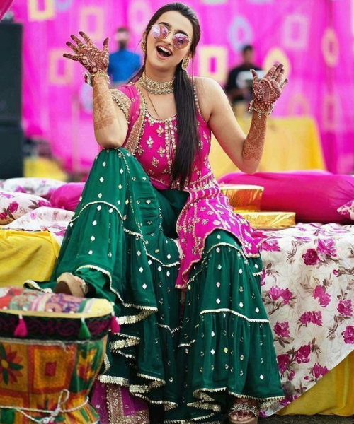 Pink and Green Sharara with Mirror Work Details