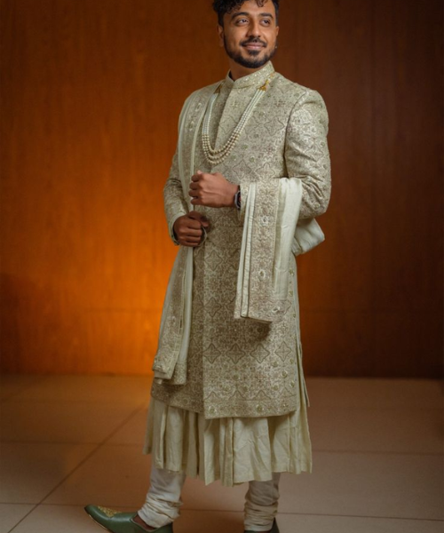Sherwani with Pleated Dhoti & Dupatta