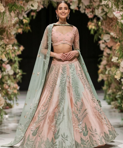Soft Pink and Mint Green Floral Embroidered Lehenga