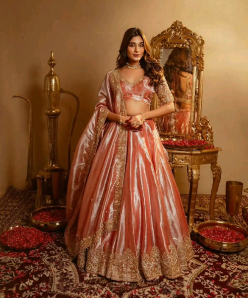 Velvet Rose Gold Lehenga with Intricate Gold Embroidery