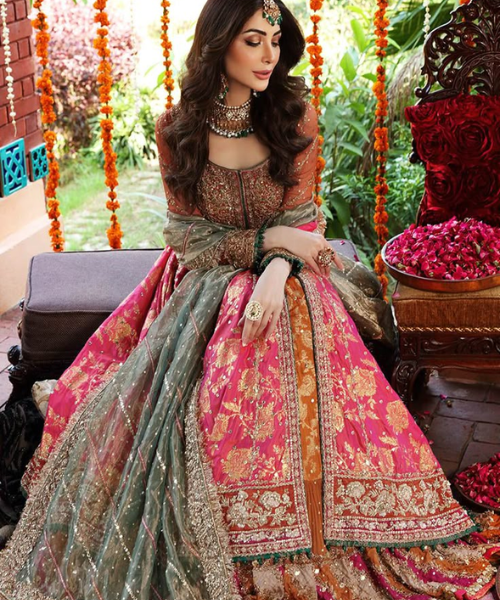 Vibrant Pink and Green Embroidered Lehenga with Sequins