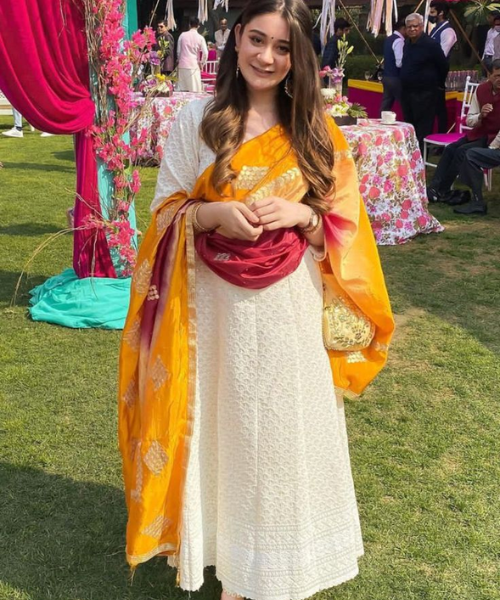 Anarkali White Suit with Yellow and Red Dupatta