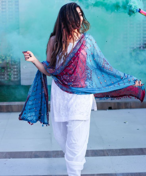 White Patiyala Suit with Blue Burgandy dupatta