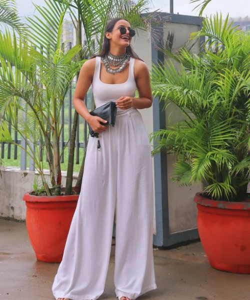 White Top with Wide White Pants and Oxidised Jewellery