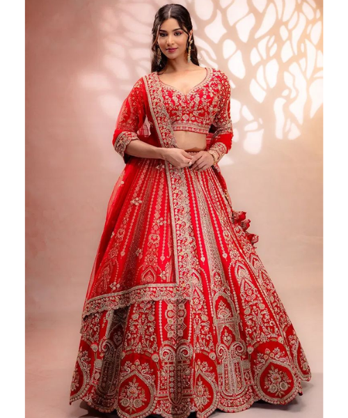 Classic Red Silk Lehenga with Heavy Thread Work