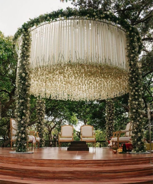 Hanging Floral Mandap with White Tassels - Wedding mandap decoration ideas