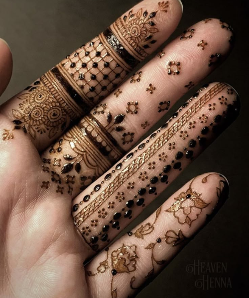 Intricate Lace Netting with Floral Beads - Finger Mehndi Designs