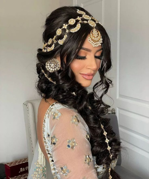 Loose Curls Bridal Hairstyle with Matha Patti
