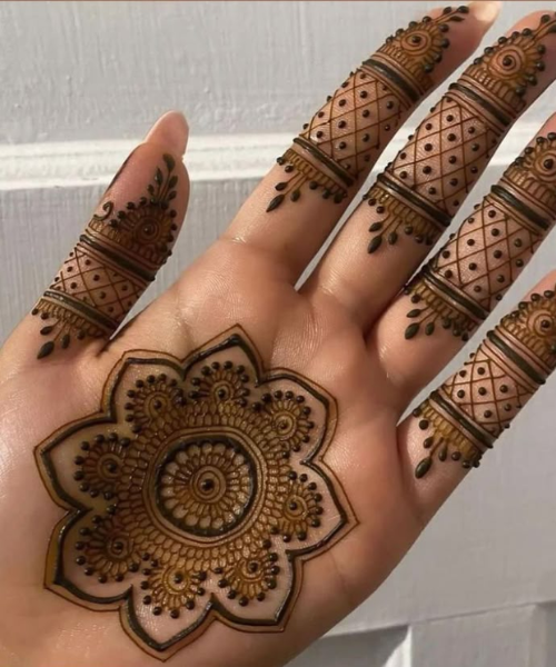 Mandala Charm with Geometric Fingers - Latest Mehndi Designs 2025 