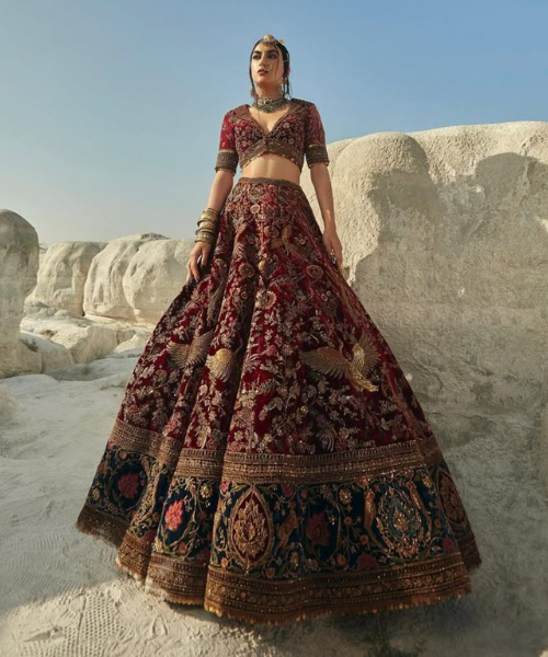 Maroon Velvet Lehenga with Peacock Zari Embroidery