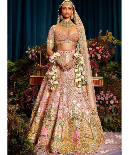 Multicolour Raw Silk Lehenga with Mirror Embroidery