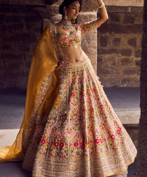 Mustard Yellow Silk Lehenga with Floral Embroidery