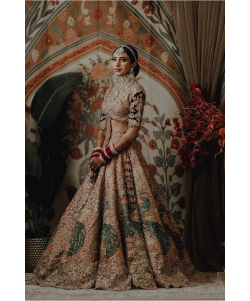 Muted Gold Velvet Lehenga with Peacock Embroidery