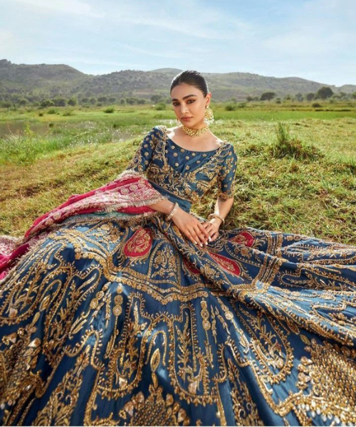 Navy Blue Silk Lehenga with Heavy Gold Embroidery