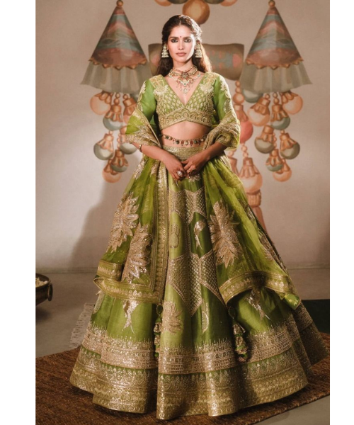 Olive Green Silk Lehenga with Leaf Motif Embroidery