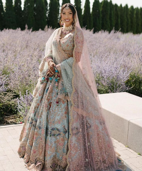 Pastel Blue Net Lehenga with Pearl and Sequin Work