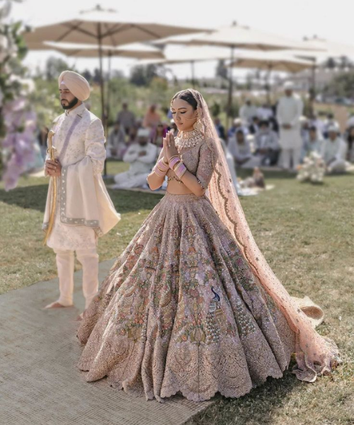 Pastel Bridal Lehengas with Tone-on-Tone Embroidery