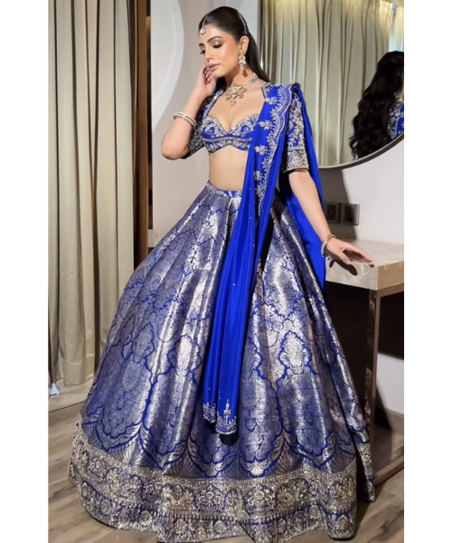 Royal Blue Brocade Lehenga with Silver Zari Work