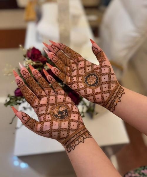 Royal Grid Design with Lotus & Peacock - Latest Mehndi Designs 2025 