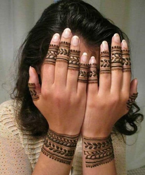Symmetric Band Pattern with Leaf Lines - Finger Mehndi Designs