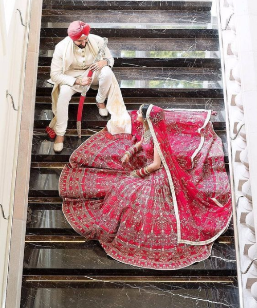 Top-Angle Staircase Pose with Seated Couple