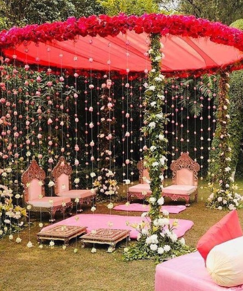 Whimsical Pink Floral Canopy Mandap - Wedding mandap decoration ideas