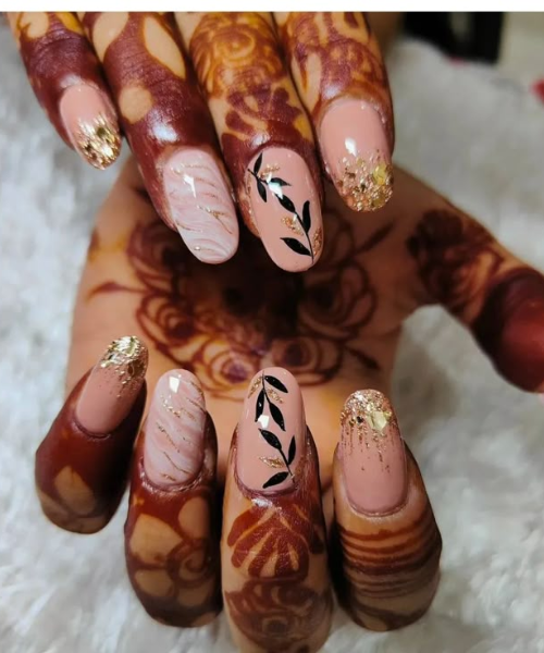 Leafy Nude Nails with Golden Flakes