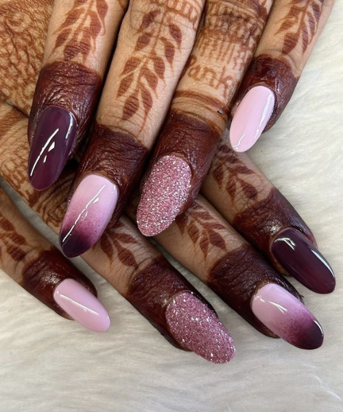 Ombre Glitter Wine Bridal Nails