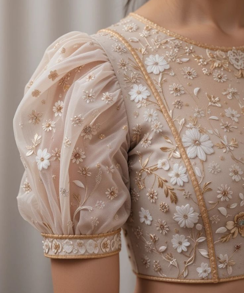 Puff Net Sleeves with Floral Embroidery