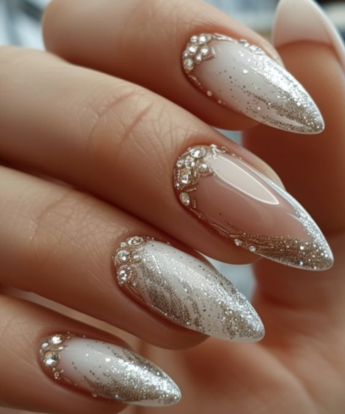 Shimmering Nude Nails with Stones
