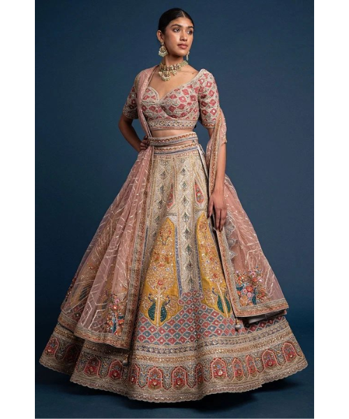 Blush & Mustard Panelled Heritage Lehenga