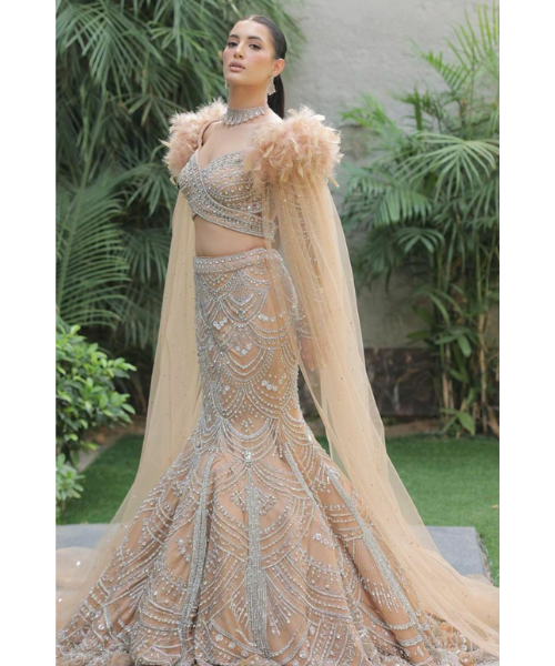 Champagne Mermaid Gown with Feathers