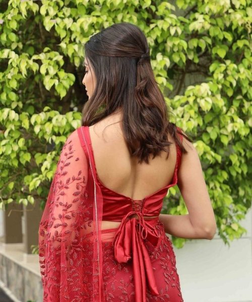 Cherry Red Satin Corset Back Blouse