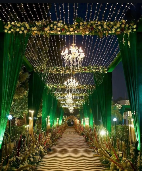 Green Drapes & Chandeliers Walkway