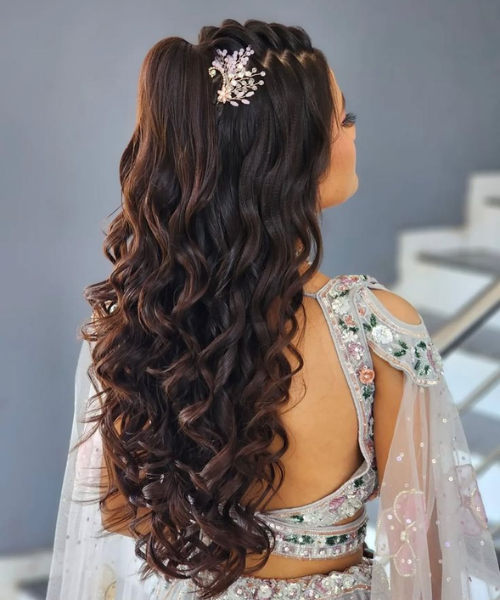 High Half Pony Curls with Floral Clip