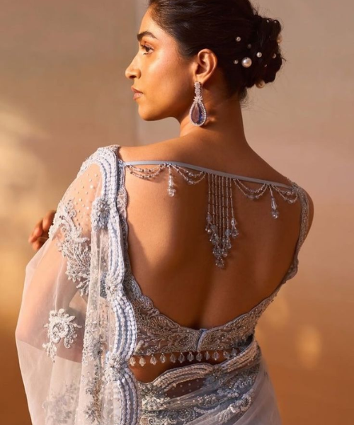 Icy Blue Beaded Back Blouse with Sheer Work