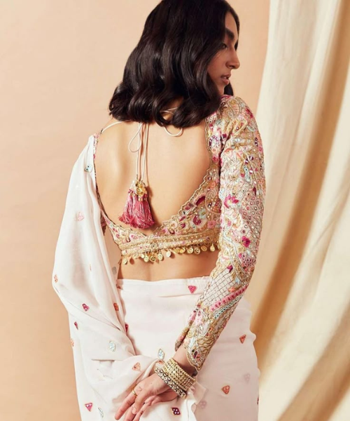 Ivory Embroidered Backless Blouse with Tassels