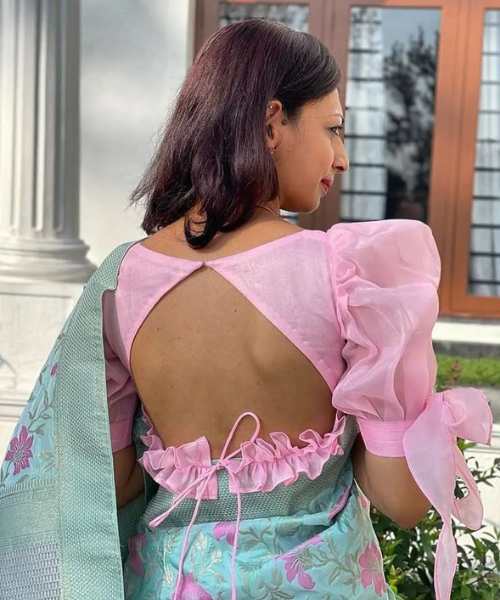 Pastel Pink Puff-Sleeve Ruffle Blouse