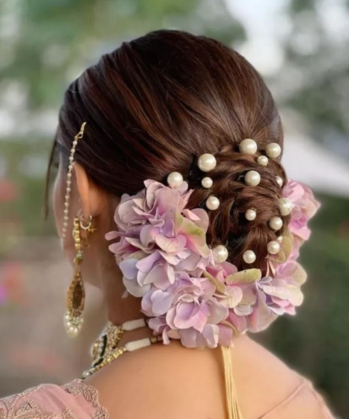 Pearl Braided Bun with Hydrangeas